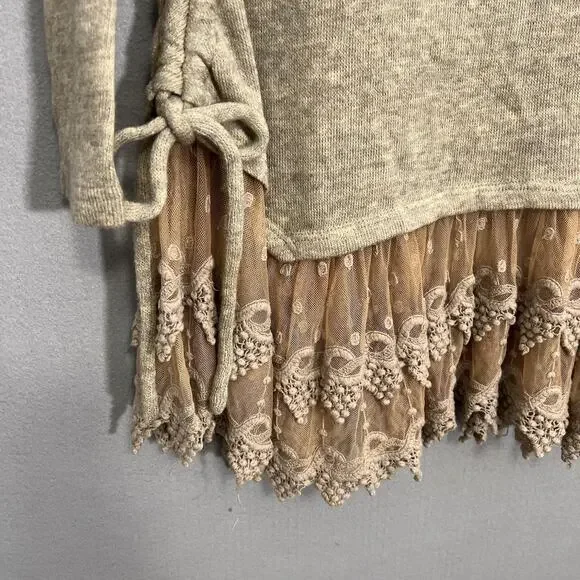 Ryu Sweater Dress Womens XL Beige Cowl Neck Lace Hem Boho Feminine Artsy - Picture 4 of 14